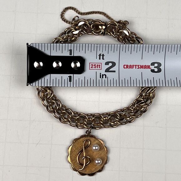 Vtg Kaco Signed 20g,12K Gold GF Bracelet Band Sweetheart Treble Clef 2 Pearls - Picture 9 of 9